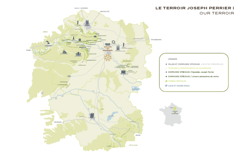 Cette carte présente le terroir de la champagne mis également les parcelles Joseph Perrier
